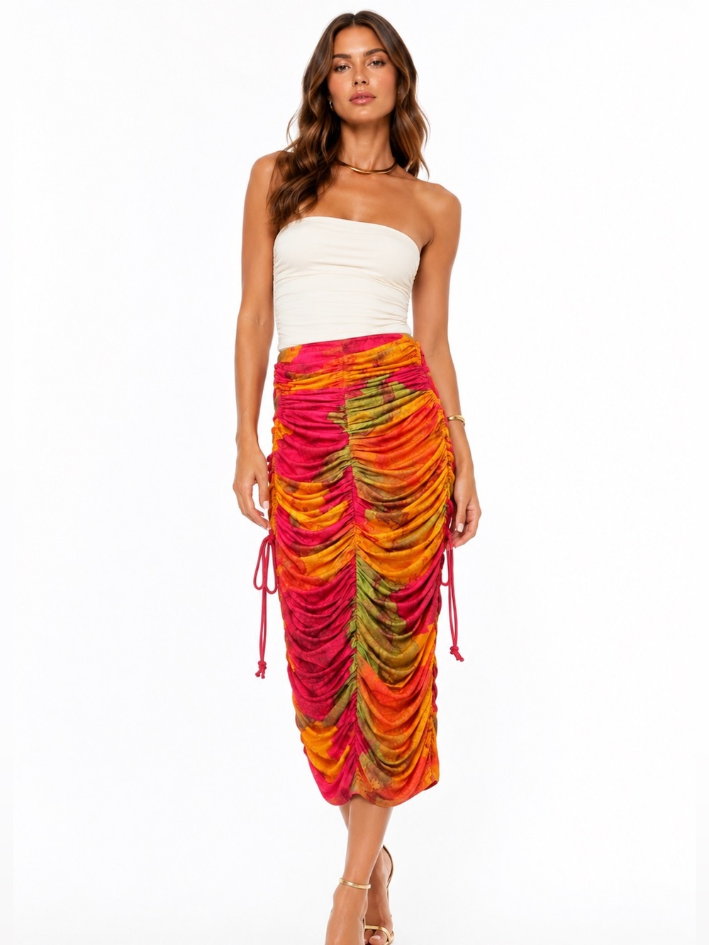 Andrea Iyamah Multicolor Ruched Midi Skirt - Pink, Orange, Green, Yellow